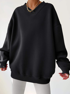 Sweat-shirt à col rond beige surdimensionné pour femme, coupe ample, pull décontracté, broderie, manches longues en polaire douce, haut confortable et élégant 2026 - Product Image 5