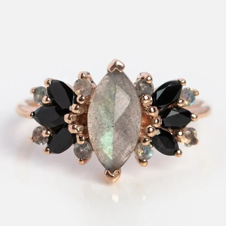 Labradorite Marquise Cut Black Onyx Side Stone 925 Sterling Silver Unique Design Band Rose Gold Plated Ring Fine Silver Jewelry