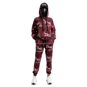 Survêtement en coton et polyester pour femmes 300GSM Fleece Burgundy Custom Logo HeatTransfer Printing Sports Casual Set Tracksuits Plus size - Product Image 1
