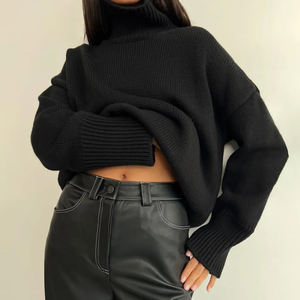 Pull à col montant mi-haut, pull d'automne et d'hiver pour femmes, pull en tricot uni à col montant pour le travail - Product Image 4