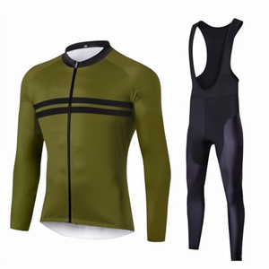 Maillot de cyclisme vert olive à manches longues avec rayures noires et ensemble de cuissardes noires pour hommes et femmes - Product Image 5