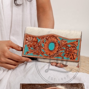 LW Western Stylish Hair On Hide Brown Tooled Fur Leather Clutch Women Designed Purse Hot Selling Tooled Leather Unique <b>Wallet</b> - Product Image 2