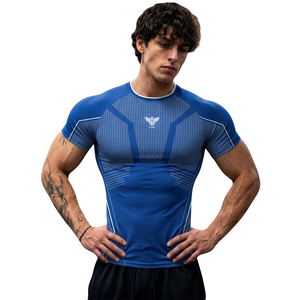 T-shirt de compression bleu pour homme, manches courtes, coupe ajustée, pour entraînement sportif, course à pied, gym, performance, séchage rapide, vêtements de sport - Product Image 1