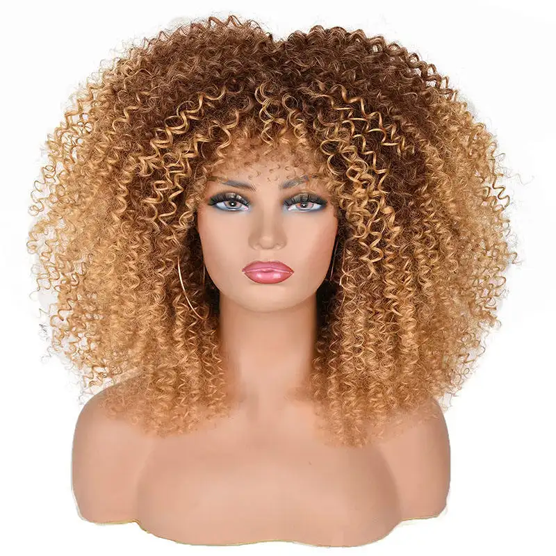 16''Short Hair Afro Kinky Curly Wig With Bangs For Black Women Cosplay Natural Hair Ombre Mixed Brown African Wigs