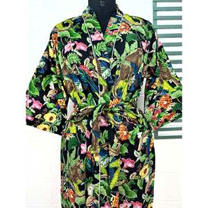 Kimono Informal Estilo Bohemio de Algodón, Estampado a Mano con Motivos de Mariposas y Flores, Bata Ligera para el Hogar, Tejido Suave - Product Image 2