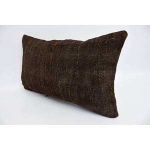 Brown Wool Kantha Patchwork Pillow 12x20 Inches with Subtle Striped Pattern Woven Decorative <b>Cushion</b> Embroidered Vintage Style - Product Image 4