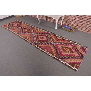 Vintage Runner Rug 2.7x10.5 ft, Turkish Kilim <b>Brown</b> Solid <b>Wool</b> Rug - Product Image 2