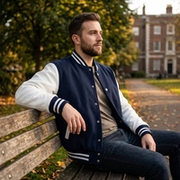 Premium Marineblaue Lederjacke mit Wollkörper und Gesticktem Aufnäher, College-Bomberjacke, Streetwear-Jacke, Maßanfertigung OEM ODM Großhandel US