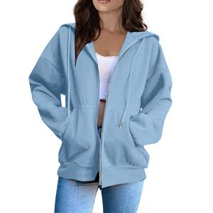 Sudaderas con capucha de mujer con hombros caídos de Color sólido en blanco personalizadas a la moda sudaderas con cremallera de peso pesado para mujer - Product Image 6
