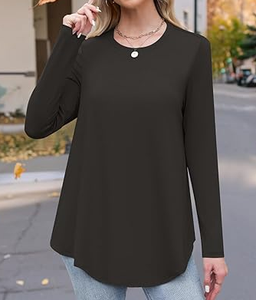 Tunique tendance pour femmes à manches longues et col rond, haut uni noir décontracté, coupe ajustée, extensible, parfait pour l'automne et l'hiver - Product Image 3