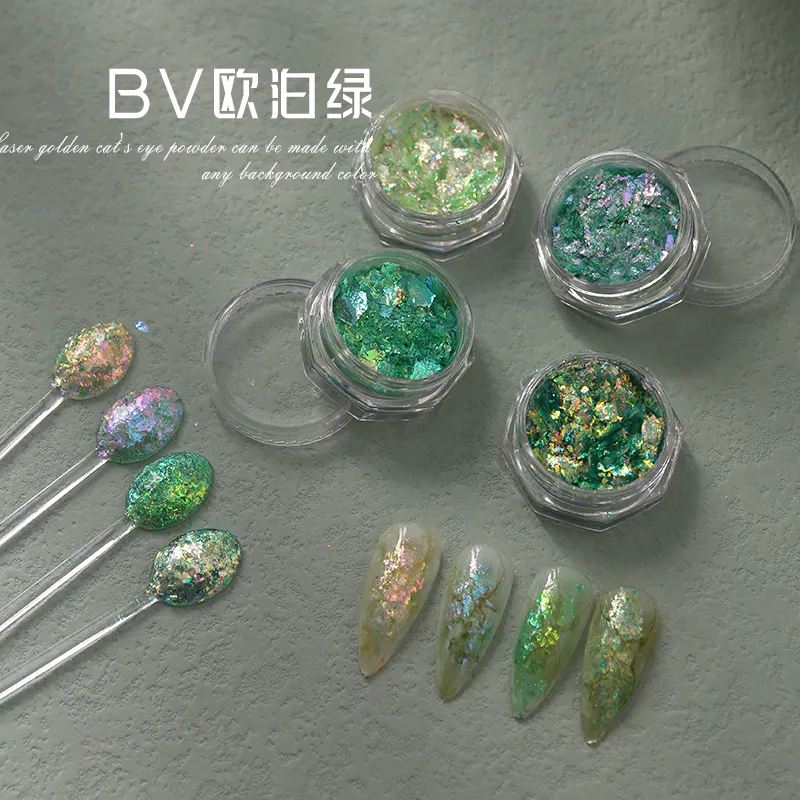 Ensemble de poudre de flocons d'opale verte, 4 couleurs BV, caméléon, Aurora, Pigments pour Nail Art, vente en gros