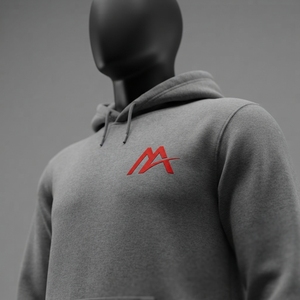 MATTIERA <b>Mens</b> Gray Pullover <b>Hoodie</b> <b>Red</b> Logo Embroidered 100% Cotton Fleece Sweatshirt Minimal Streetwear Casual Custom Clothing - Product Image 1