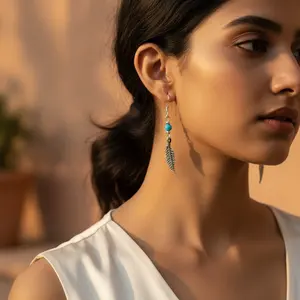 Boucles d'oreilles pendantes en argent 925 plaqué or 18 carats avec pendentif plume turquoise pour femmes, boucles d'oreilles à goutte de perle doublées d'or - Product Image 2