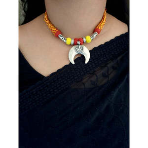 Handmade Tribal Thread <b>Necklace</b> with Crescent Moon Pendant and Colorful Beads for Women Ethnic <b>Boho</b> Statement Jewelry - Product Image 1