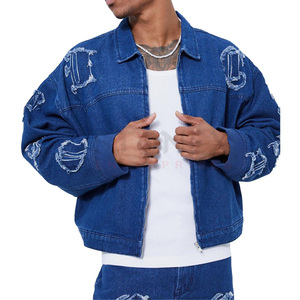 Ensemble 2 pièces pour homme : Veste en jean délavée personnalisée et pantalon long bleu 100% coton, coupe ample, grammage élevé, respirant, pour l'automne - Product Image 1