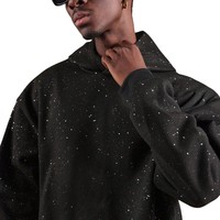 Sudadera con Capucha Negra Extra Grande Unisex Personalizada, Estilo Urbano, con Estampado de Diamantes de Imitación en Toda la Superficie, Bolsillo Bordado, Ecológica, para Invierno