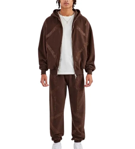 Survêtements en molleton avec strass délavés à l'acide de haute qualité avec sérigraphie personnalisée Sweat à capuche avec logo Ensembles de survêtement avec strass - Product Image 1