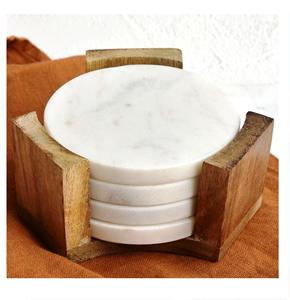 White Marble & Wood <b>Round</b> Coasters Set of 4 Natural Wood and Marble Mango coaster Made in India - Product Image 4