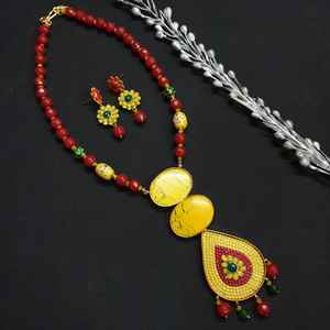 Yellow and Red Beaded Designer Pendant <b>Set</b> with Earrings Bohemian Fine <b>Jewelry</b> Gold Plated <b>Bridal</b> <b>Jewelry</b> <b>Sets</b> - Product Image 5
