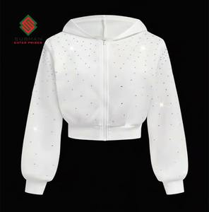 Red Rhinestone Cropped <b>Hoodie</b> Sparkly <b>Zip</b>-<b>Up</b> <b>Hoodie</b> Men's Stylish Casual Winter Wear Breathable Solid 100% Cotton - Product Image 3