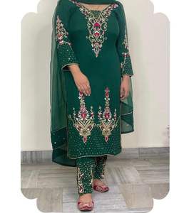 Elegante conjunto de pantalón y Dupatta Kurta verde botella 2024 con bordado Zari Zardozi y escote en O para bodas y fiestas - Product Image 1