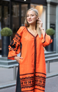 Robe en coton brodée à manches longues et col en v pour femme, vêtement de créateur, de luxe et modeste - Product Image 3