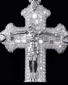 Iced Out Religious Cross 925 Sterling <b>Silver</b> Drip Style Pendant VVS Baguette Cut Moissanite Diamond <b>Charm</b> Unisex Wear Pendant - Product Image 1