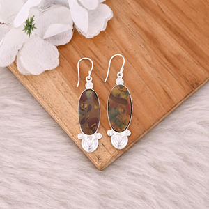 Pendientes Largos Ovalados de Latón Plateado Estilo Clásico Hechos a Mano con Piedra Preciosa de Jaspe Frutal, Fabricante Mayorista - Product Image 2