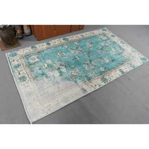 Alfombra vintage de 3.7x6.6 pies (114x202 cm), alfombra de lana turca azul con motivos de plantas y árboles - Product Image 4