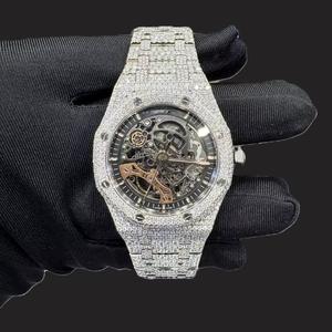 Montre-bracelet mécanique automatique Miyota de luxe, clarté VVS, cadran noir personnalisé, moissanite blanche, faite à la main, passe le test du diamant - Product Image 1