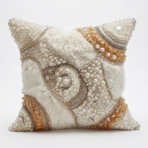 Luxury Handcrafted Faux Fur Embroidery Decorative <b>Throw</b> Pillow 18x18 Geometric Floral Leaf Print Floor Pillow - Product Image 1