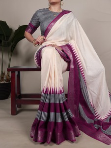 Colección de Saris de Algodón y Poliéster con Estampado Tradicional Indio, con Trabajo de Tejido Zari, para Bodas y Festivales - Product Image 2