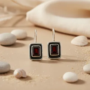 Boucles d'oreilles pendantes carrées en or blanc 925 plaqué pour femmes, bijoux tendance avec grenat, diamant et zircon - Product Image 2