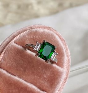 Three Stone Emerald Ring Emerald Shape Lab Grown Emerald 925 Sterling Silver Ring Dainty Gemstone Ring Anniversary Gift For Her - Product Image 2