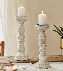 Bougeoir et support vintage en bois délavé blanc fabriqué en bois de manguier - Product Image 2