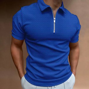 Cómodo azul de alta calidad para hombre para Polo Casual manga larga cremallera transpirable seda Jersey corto contraste Color estampado - Product Image 1