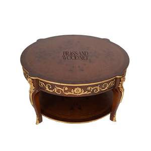 Table basse ronde de luxe avec détails en laiton faits à la main et élégantes incrustations en bois pour une décoration classique de salon - Product Image 2