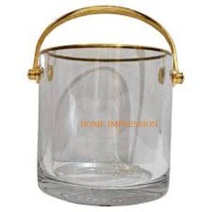 Cubo de hielo de vino de vidrio transparente con asas de metal pulido dorado Cubo de hielo de vino de gran tamaño hecho a mano de la mejor calidad a buen precio - Product Image 1