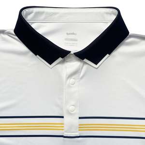 เสื้อกอล์ฟถักนิตติ้ง Handee White ผลิตจากโพลีเอสเตอร์ 100% พร้อมแถบสีกรมท่า/เหลืองแนวนอน แห้งเร็ว คุณภาพพรีเมียม - Product Image 4