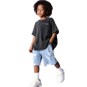 High Quality 220gsm 100% Cotton Acid Washed Kids Tshirts Customizable Printed Logo Oversized Loose T-Shirt for Kids New Style - Product Image 1