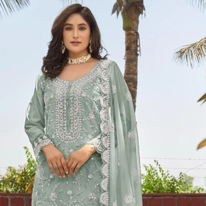 Élégant ensemble Santoon Shalwar Kameez pour adultes en organza Dupatta avec broderie et fond de patch assorti pour les fêtes - Product Image 1