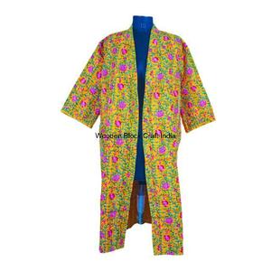Veste kimono matelassée Kantha faite à la main en Inde pour femmes, coton biologique respirant, réversible, écologique, vêtements de nuit d'hiver longs - Product Image 2