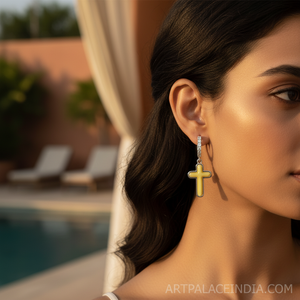 Boucles d'oreilles pendantes en or plaqué 18 carats Silver Cross pour femmes, pendentif en pierre jaune, bijoux avec pierres principales en diamant poire pour cadeau de mariage - Product Image 2