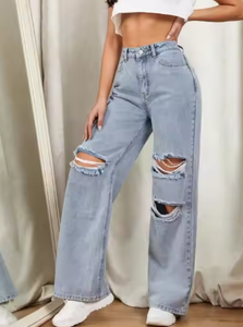 Vente en gros de pantalons évasés en jean de qualité supérieure pour femmes braguette à glissière personnalisée avec détail déchiré jean mode jambe ample et large - Product Image 4
