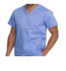 Atasan Scrub kerah V dokter laki-laki seragam staf rumah sakit campuran spandeks katun merenggang dengan ukuran desain dan merek kustom