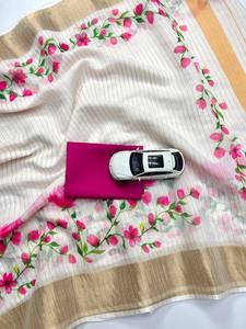 Beau lin avec impression numérique et travail Zari Saree femme fabricant de mode de Surat au taux le plus bas - Product Image 5