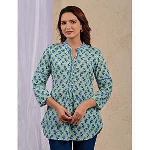 Blusa de Popelina Azul Marino con Estampado Butti y Botones Frontales, Diseño Floral - Product Image 1