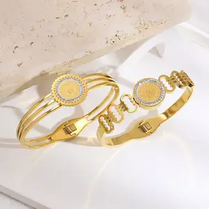 Opening 18K Gold Plated Watch Belt Tarnish Free Hollow Cubic Zirconia Titanium Stainless Steel Jewelry Bangles For Women