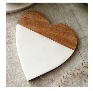 Hexa Brass Inlay White & <b>Gold</b> Marble Set of 4 Table Coaster Natural Wood and Marble Mango coaster Made in India - Product Image 5