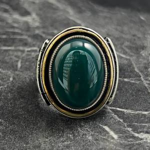 <b>Silver</b> Oval Green Agate Gemstone Men's <b>Ring</b> Handmade 925K Sterling <b>Silver</b> Greek Columns Motif 18K Plating Genuine Agate Stone - Product Image 2